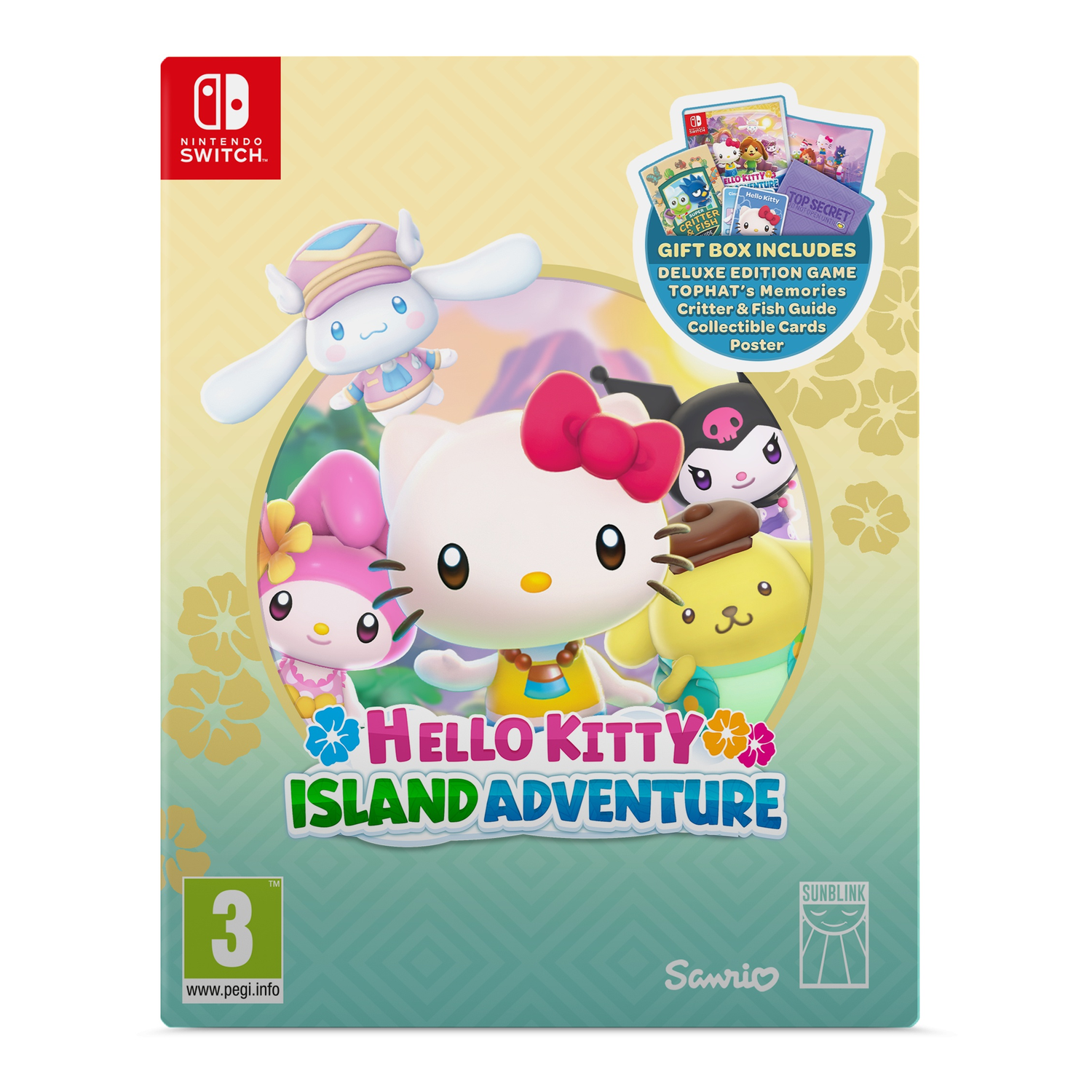 Boîte du jeu Hello Kitty Island Adventure. Avec Hello Kitty, d'autres personnages et le contenu du jeu. Le logo Nintendo Switch est visible.