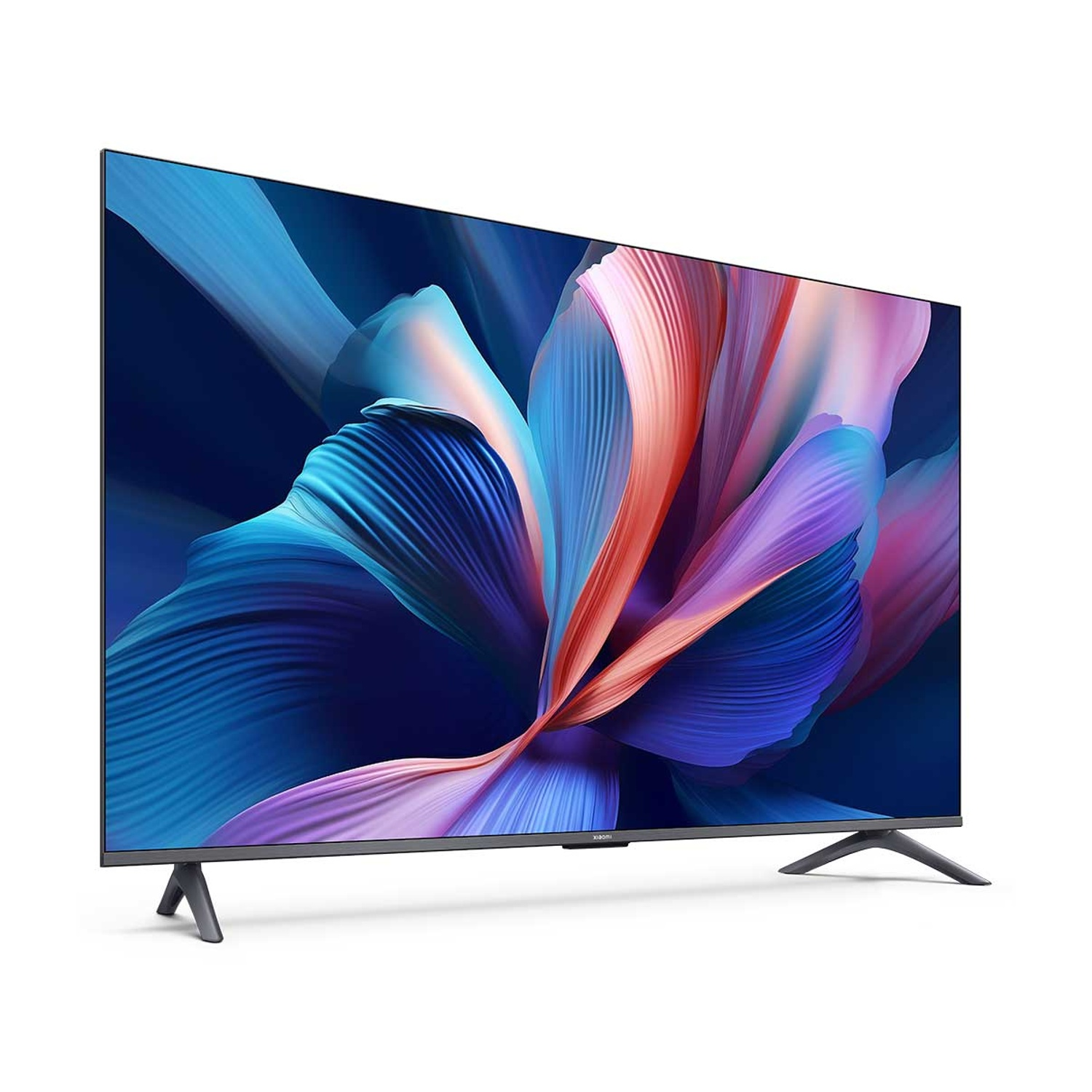 Un televisore a schermo piatto mostra un design floreale astratto in tonalità blu, rosa e viola, su sfondo bianco.