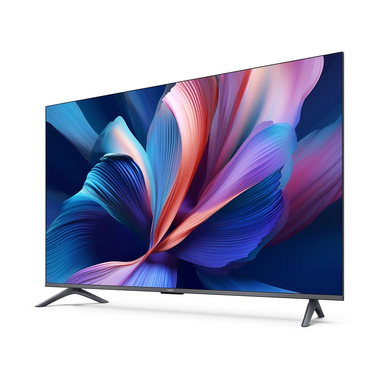 Una TV grande e moderna con uno schermo vibrante che mostra arte astratta in blu, viola e arancione. La TV è appoggiata su due gambe.