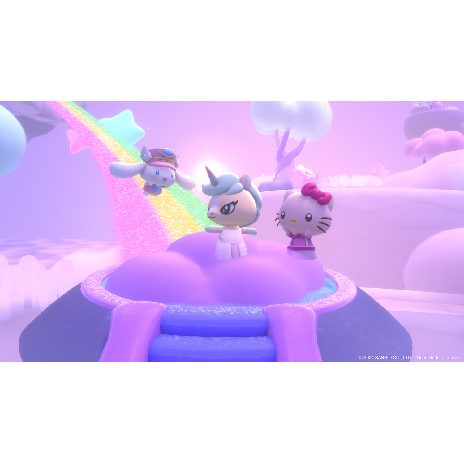 Une image 3D présente trois personnages de dessins animés sur une plateforme avec un arc-en-ciel. L'arrière-plan est pastel avec des nuages et des arbres.