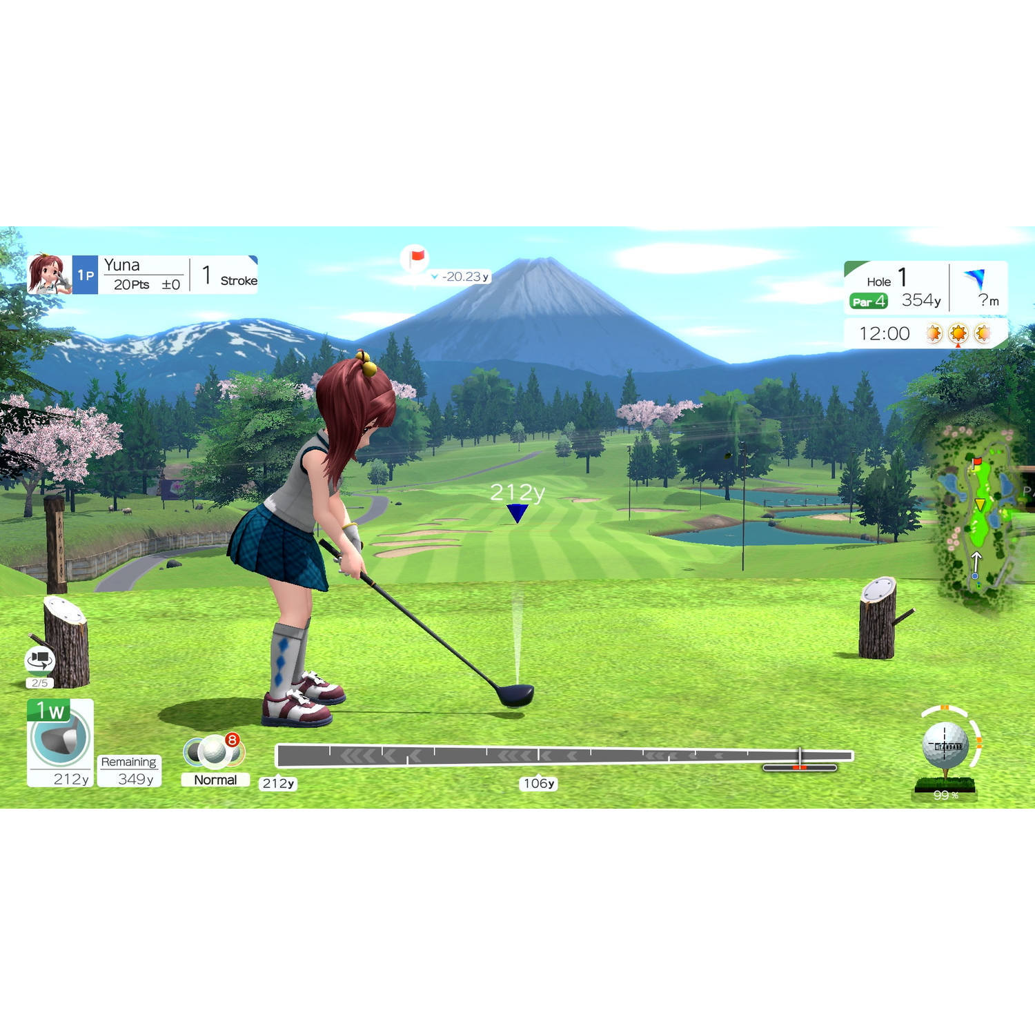 Une interface de jeu de golf montre un personnage sur le point de frapper. Une montagne est en arrière-plan. Les éléments du jeu incluent la distance et le score.
