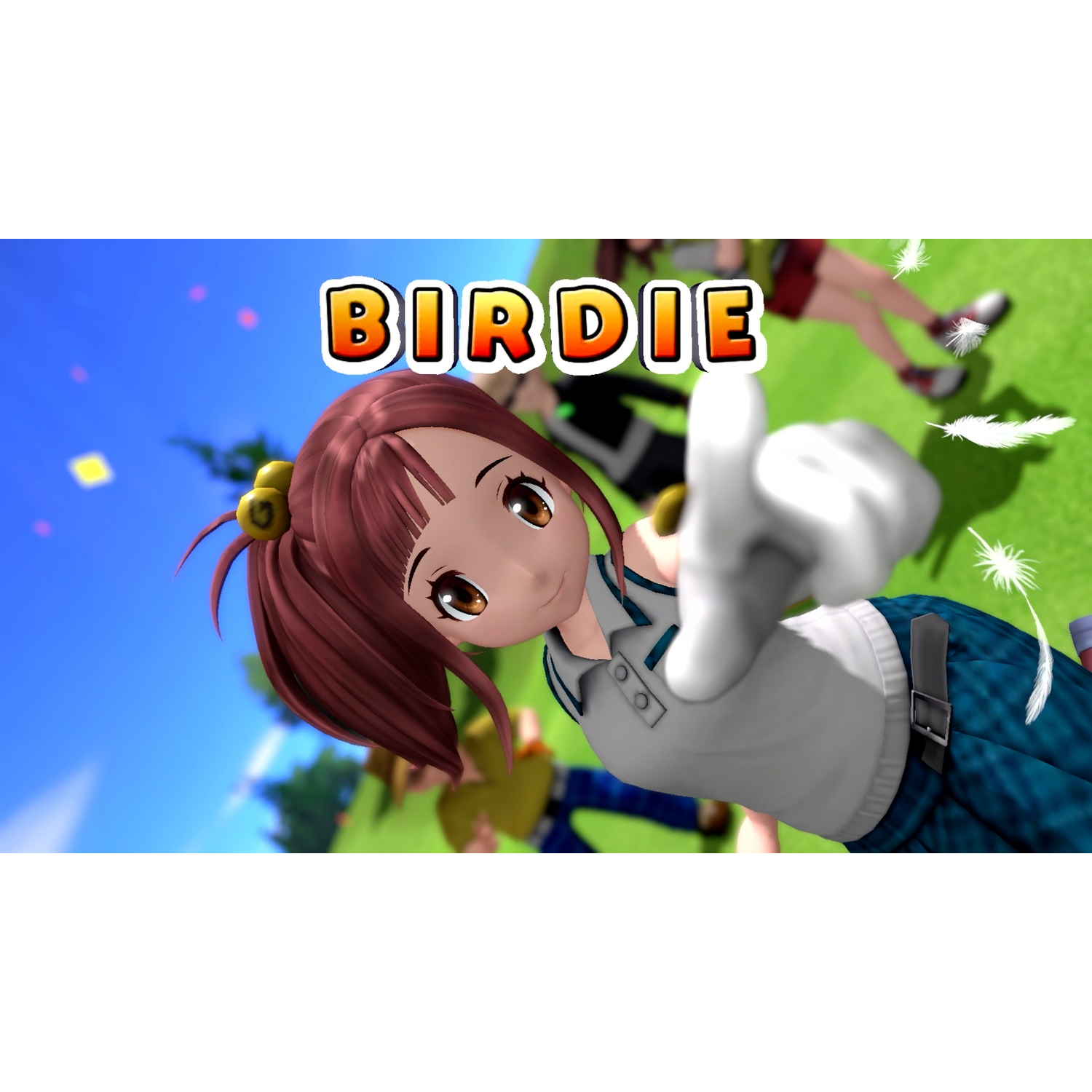 Fille animée aux cheveux et yeux bruns, faisant le geste du pouce levé. Texte 'Birdie' en haut. Fond d'herbe verte et de ciel bleu.