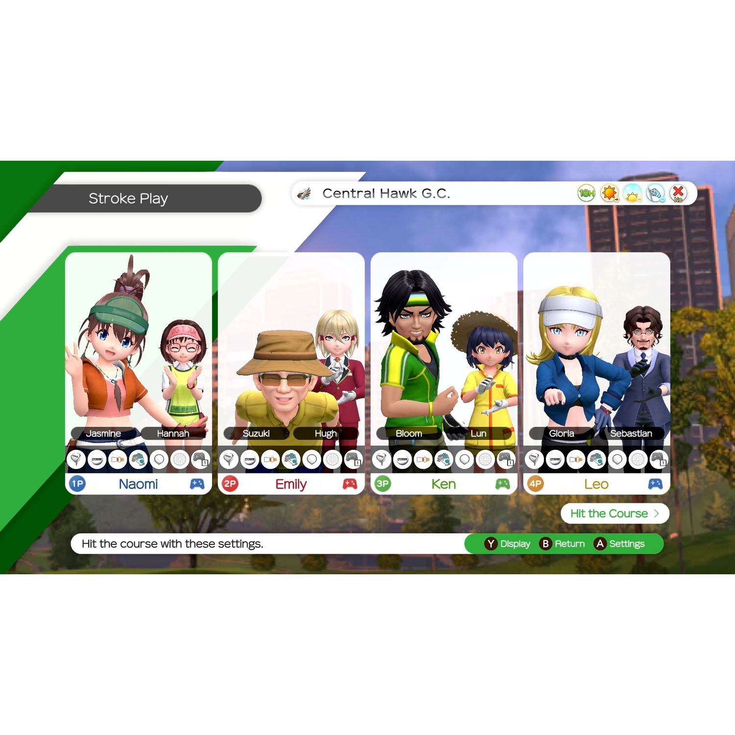 Interface de jeu avec des avatars de joueurs. Options de Stroke Play sur Central Hawk G.C. visibles, incluant les réglages et options d'affichage.