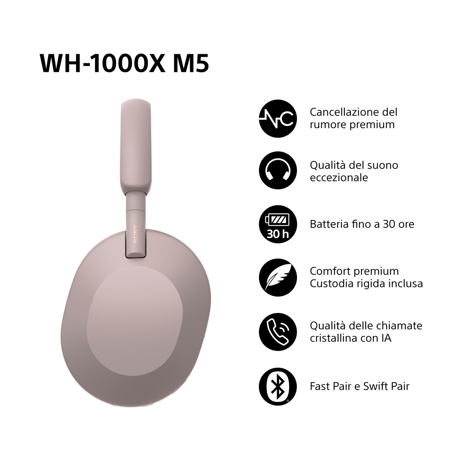 Cuffie Sony WH-1000XM5. Caratteristiche: cancellazione rumore, qualità audio eccezionale, batteria 30 ore, comfort premium e chiamate IA.