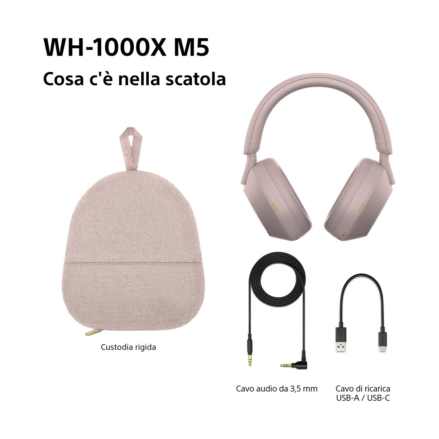 L'immagine mostra il contenuto di una scatola: cuffie, custodia, cavo audio da 3,5 mm e cavo di ricarica USB-A a USB-C.