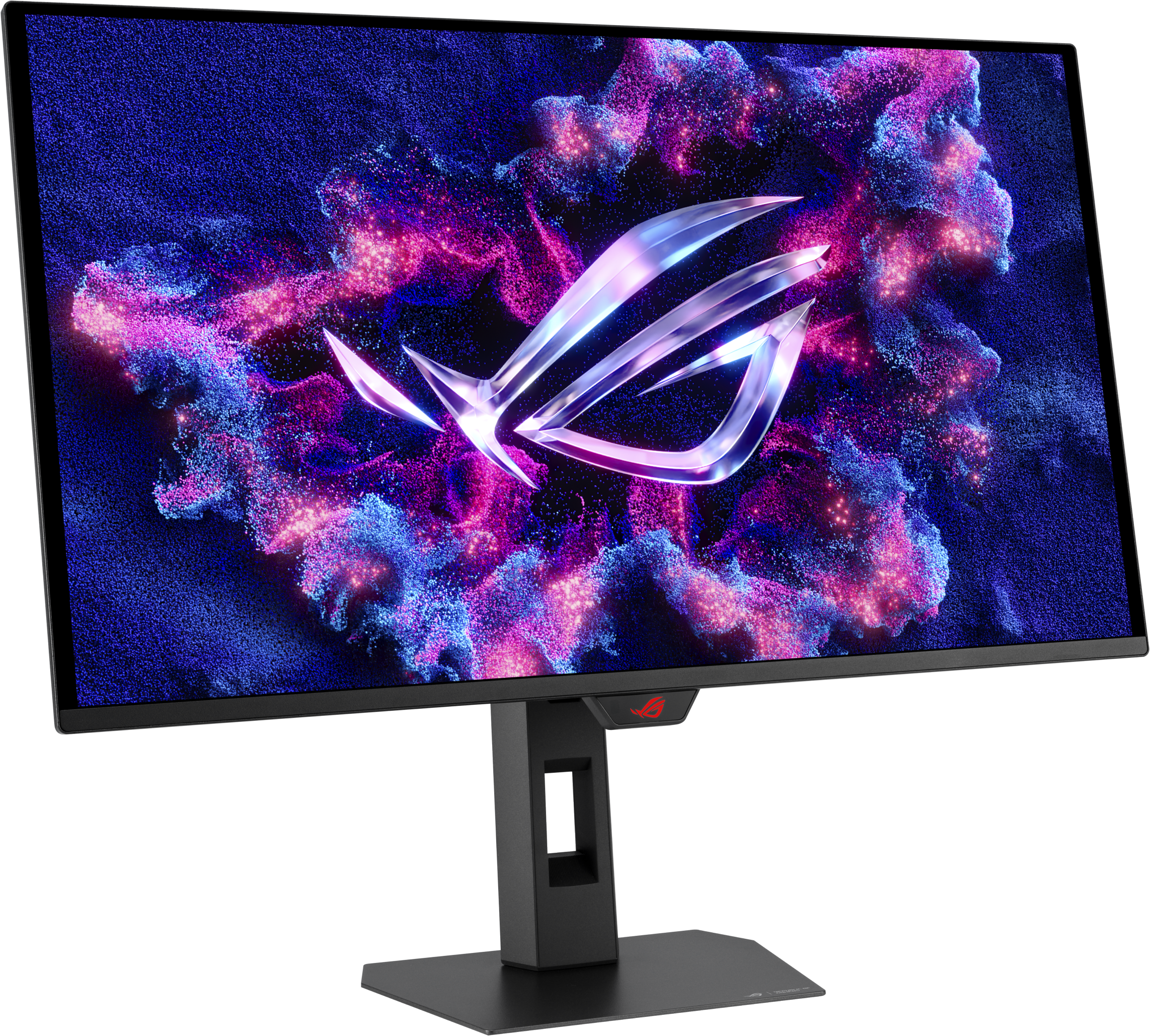 Un écran d'ordinateur affiche un logo ROG sur un fond de nébuleuse colorée. Il a un support noir.