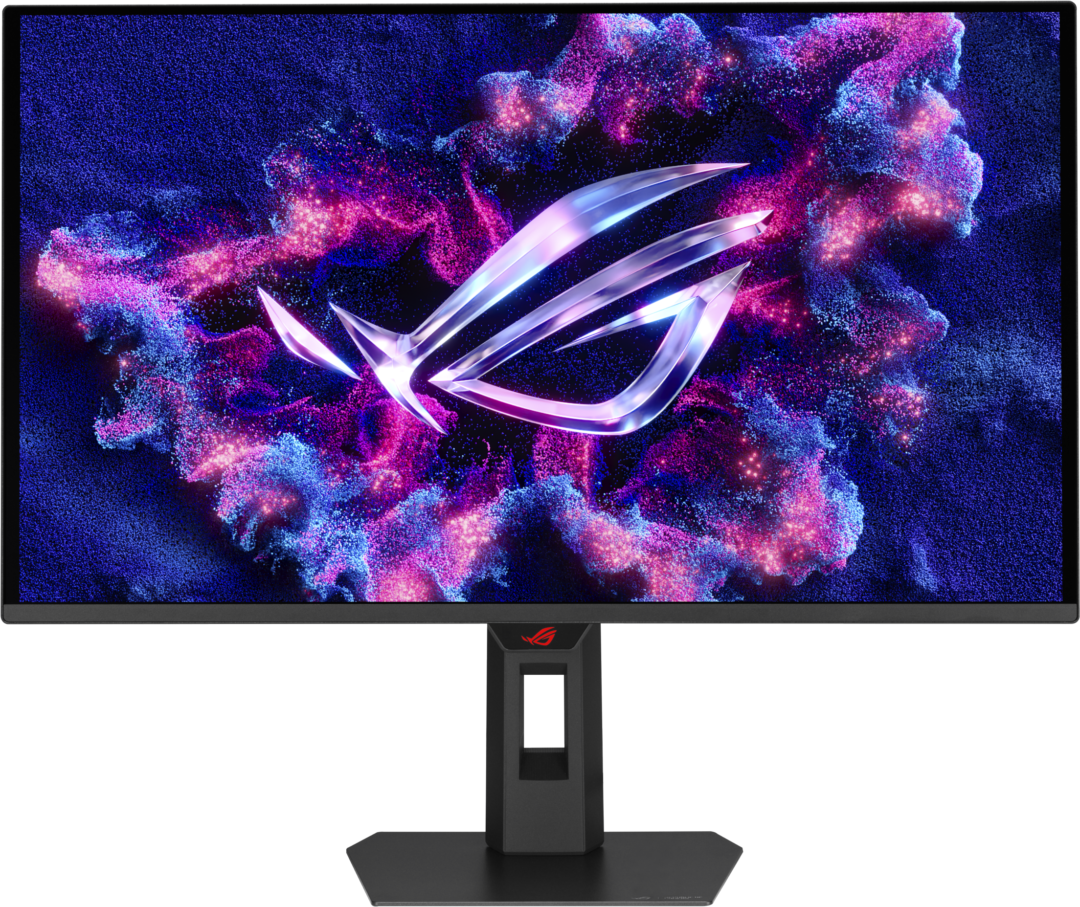 Un moniteur affichant le logo ROG sur un fond abstrait coloré. Le support est noir et le cadre fin.