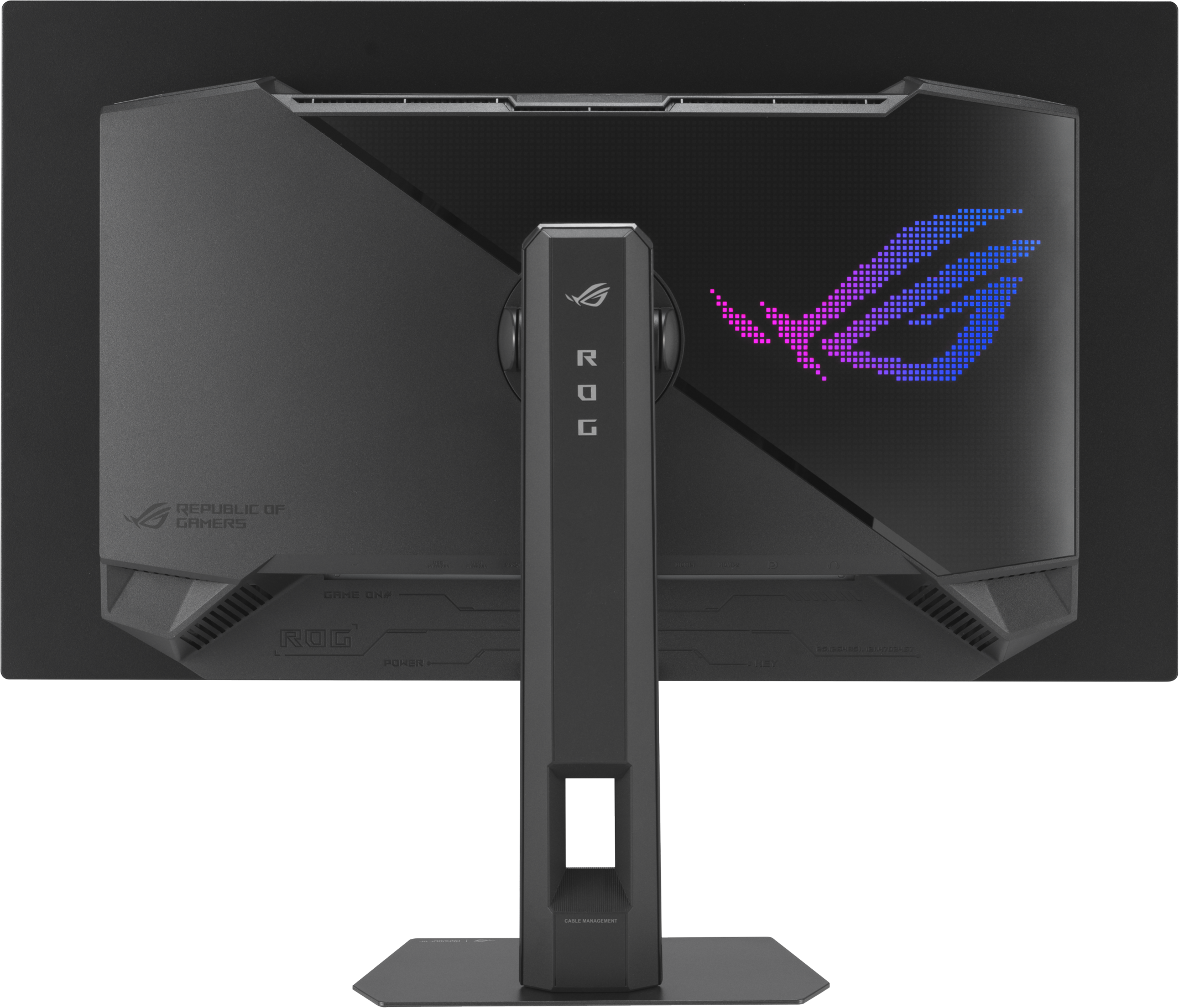 Vue arrière d'un écran de jeu ROG. Il a un support noir et un écran noir avec le logo ROG et le texte Republic of Gamers.