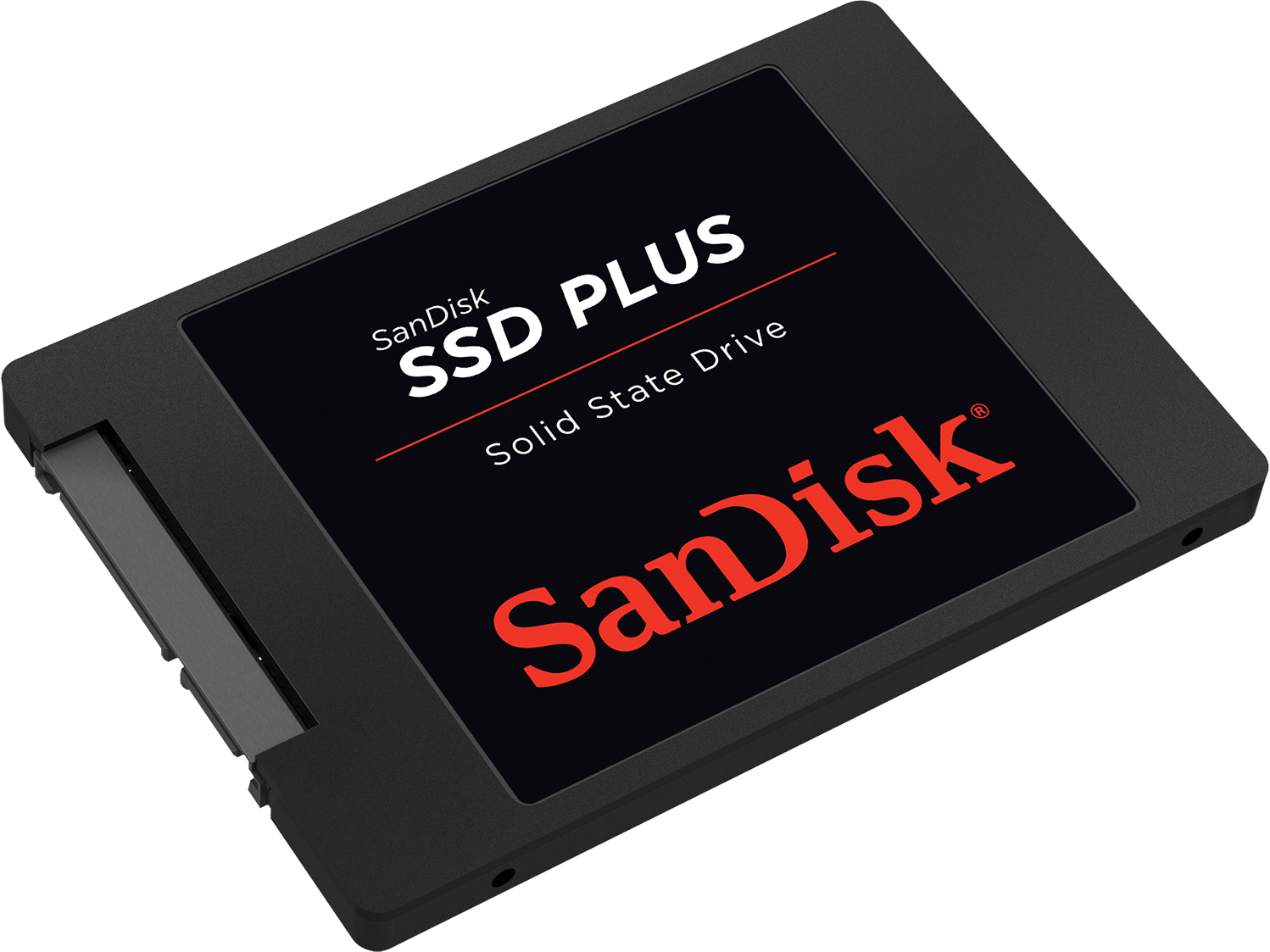 Un SSD Plus SanDisk noir. Le dessus est noir avec du texte blanc et le logo rouge SanDisk. Le SSD est sur un fond blanc et gris.