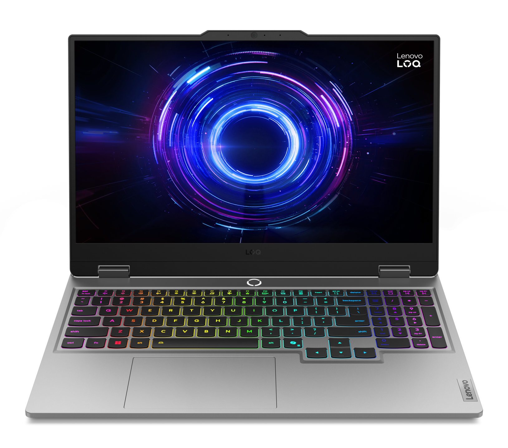 Srebrny laptop Lenovo LOQ jest otwarty. Ekran wyświetla kolorowy, okrągły wzór. Klawiatura ma podświetlenie RGB.