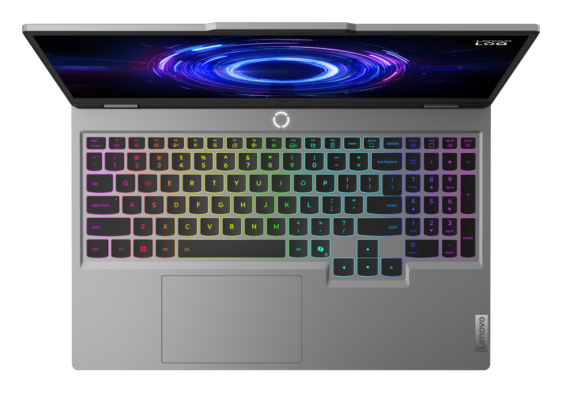 Srebrny laptop Lenovo, klawiatura podświetlana w tęczowych kolorach, ekran z niebiesko-fioletowym wzorem.