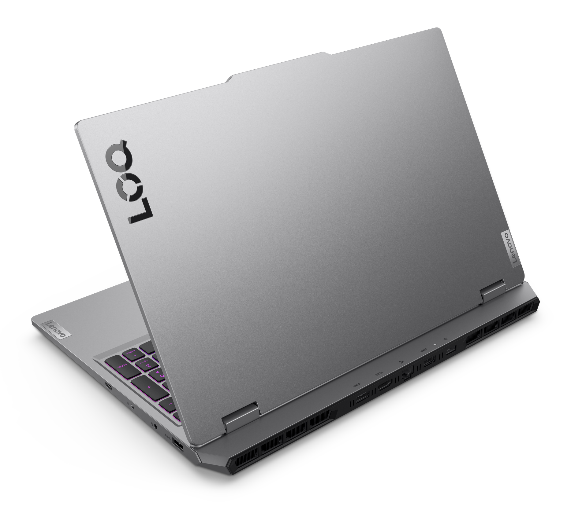 Laptop na czarnym tle. Szara pokrywa laptopa, widoczna klawiatura. Logo Lenovo na pokrywie i podstawie. Logo Looq na górze.