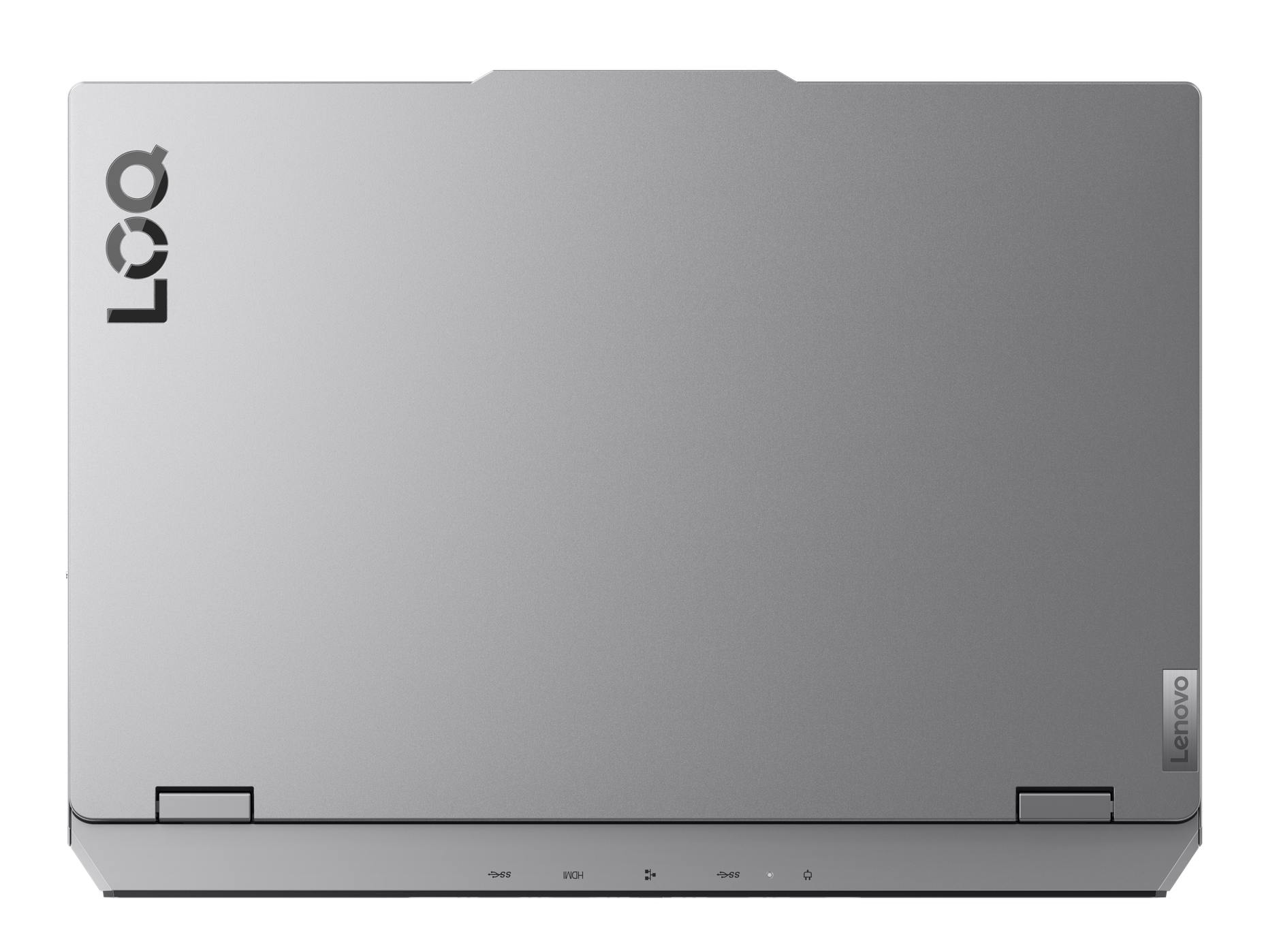 Widok z góry na szary laptop. Logo Lenovo jest po prawej stronie, a Loq po lewej. Dolna krawędź ma porty.