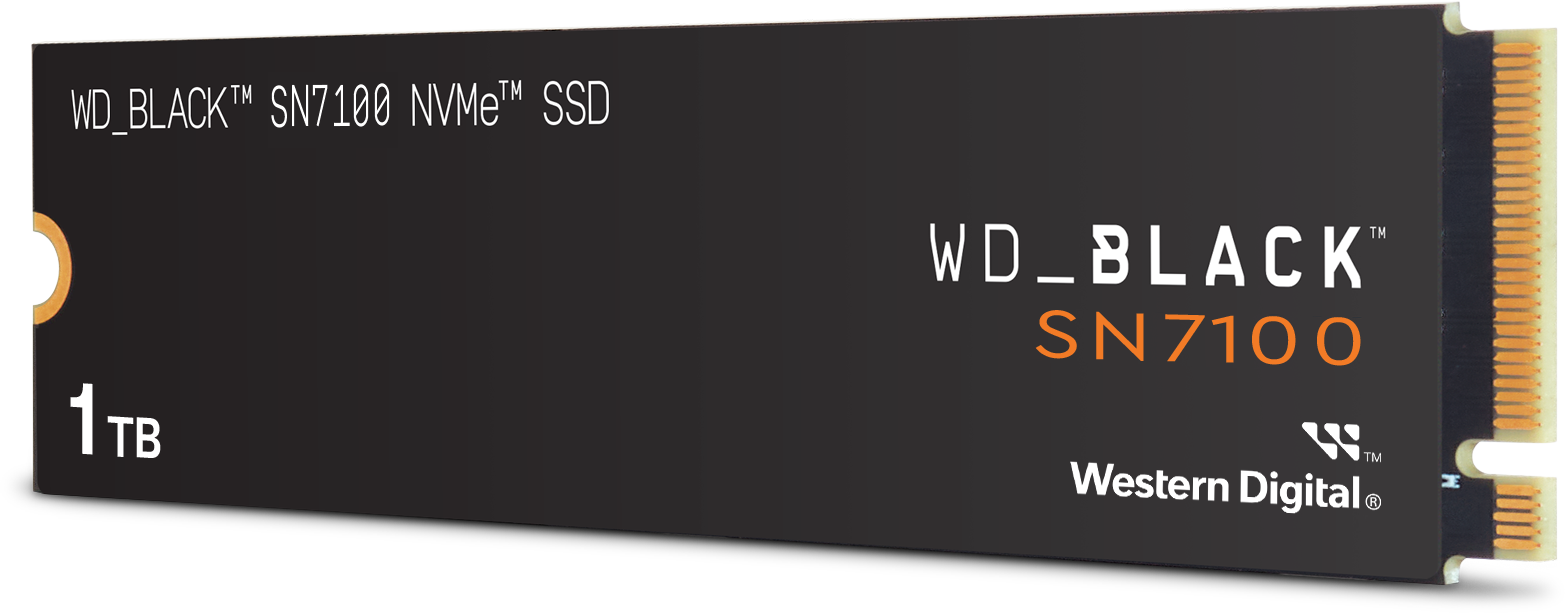 Eine schwarze WD_BLACK SN7100 NVMe SSD mit orangefarbenem und weißem Text. Die Kapazität beträgt 1 TB. Die Marke Western Digital ist sichtbar.
