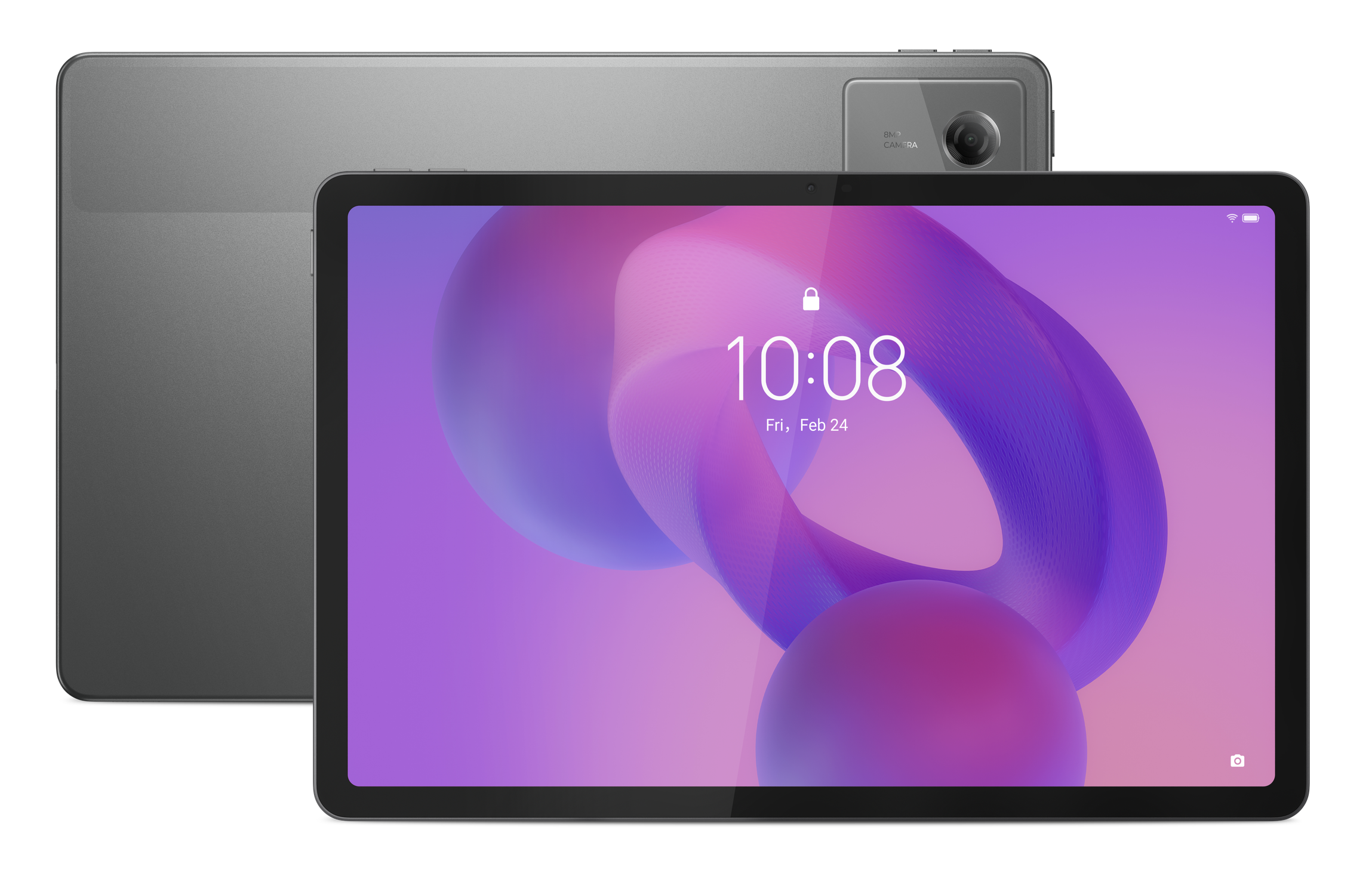 Szary tablet z widoczną tylną częścią. Ekran wyświetla abstrakcyjny wzór w kolorze fioletowym i różowym, z godziną i datą.