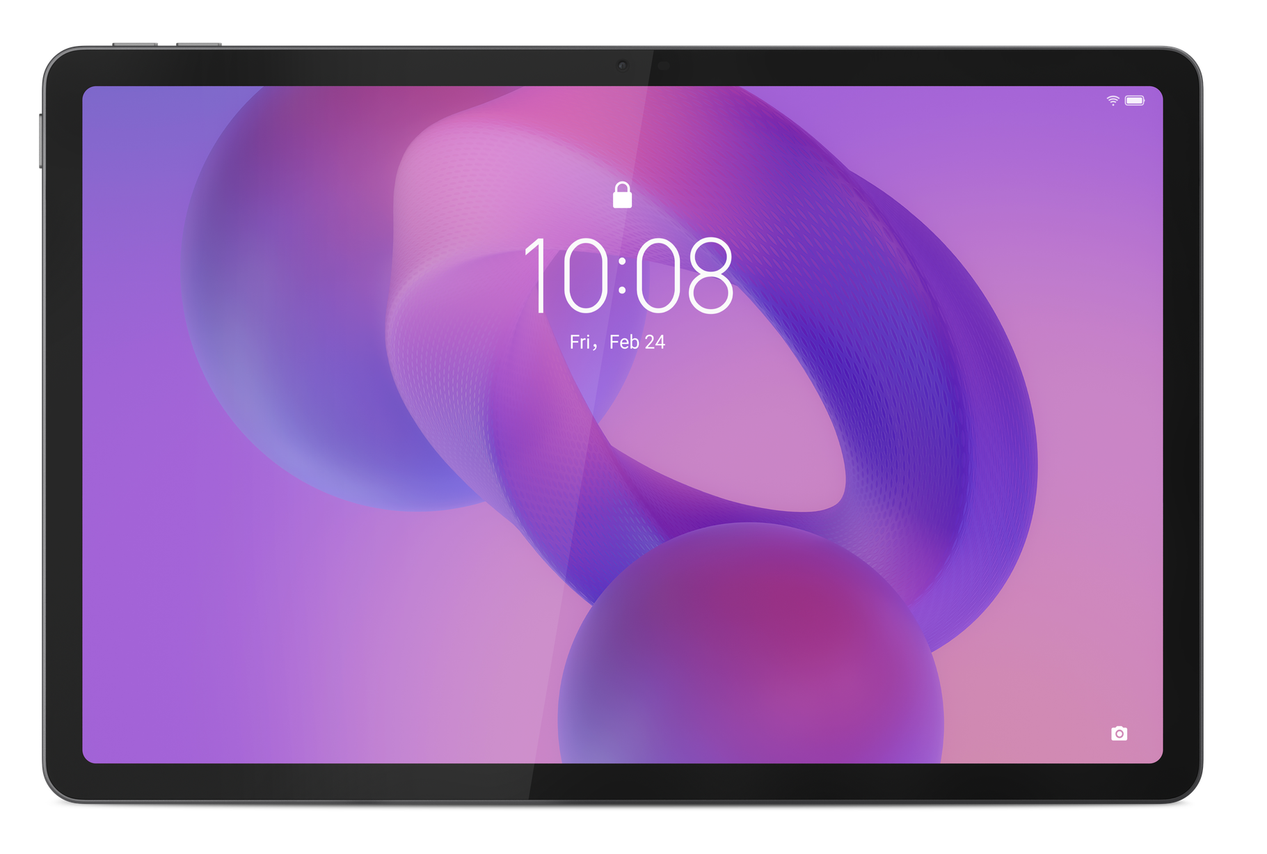 Ekran tabletu wyświetlający godzinę 10:08, piątek, 24 lutego. Abstrakcyjne fioletowo-różowe tło z ikoną kłódki.