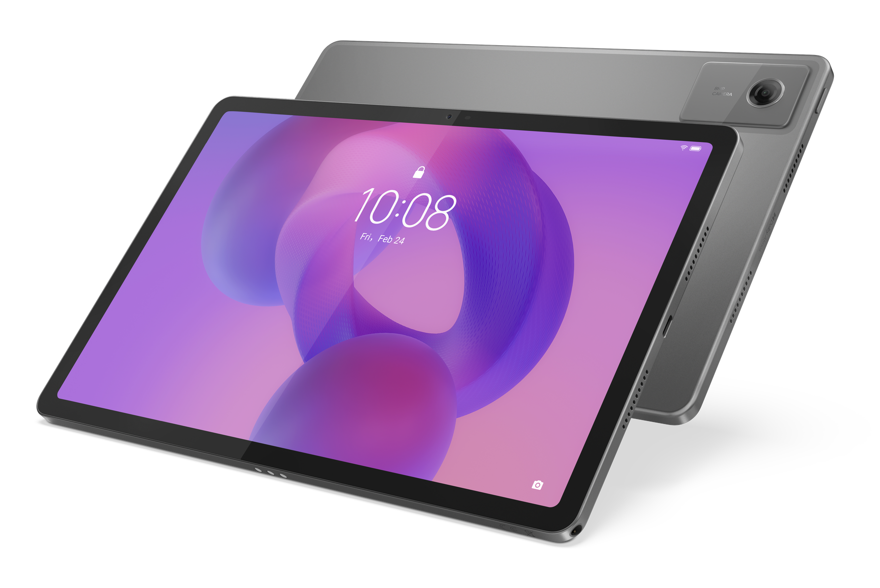 Szary tablet z fioletowym ekranem pokazującym 10:08, z innym tabletem z tyłu. Widoczna kamera i głośnik.