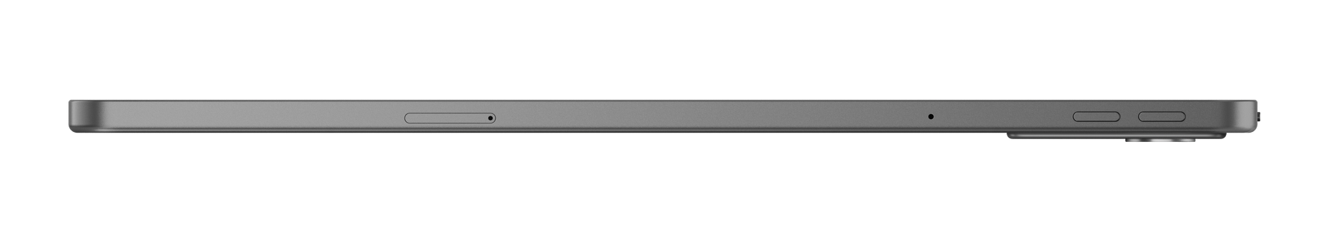 Widok z boku szarego tabletu na czarnym tle. Pokazuje przyciski, mikrofon i kamerę.