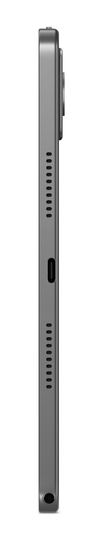 Widok z boku szarego urządzenia elektronicznego. Posiada aparat, port ładowania i otwory głośnikowe. Czarne tło.