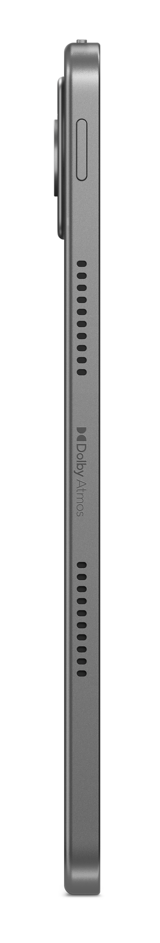 Widok z boku szarego tabletu. Pokazuje aparat, przycisk zasilania, kratki głośników i logo Dolby Atmos na czarnym tle.