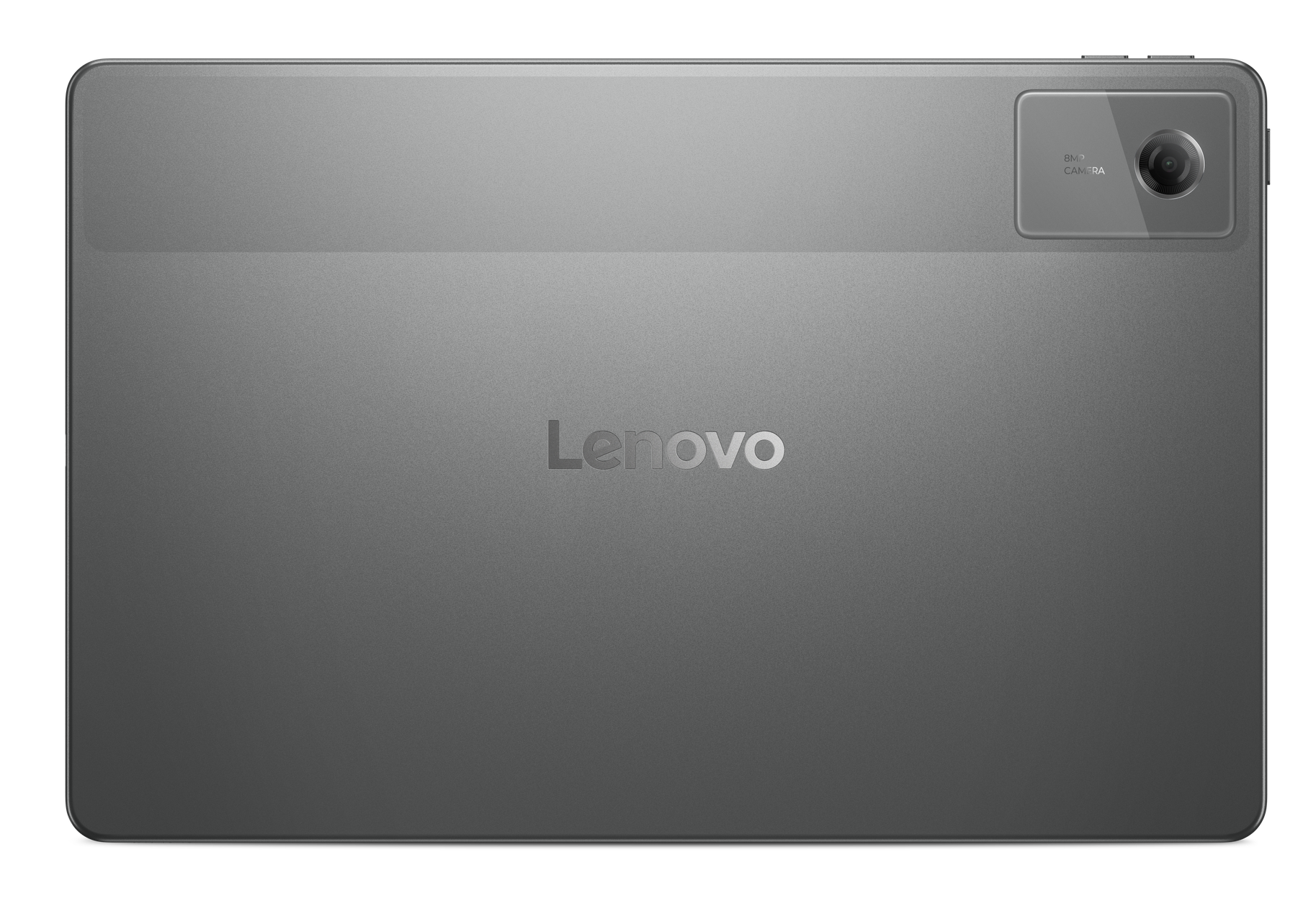 Szary tył tabletu Lenovo. Ma aparat, logo Lenovo i gładkie, metaliczne wykończenie. Tło jest czarne.