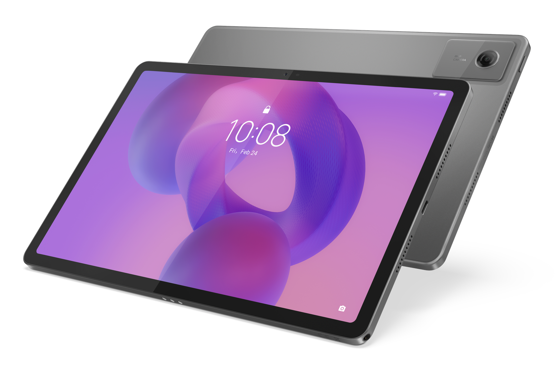 Dwa szare tablety na czarnym tle. Jeden pokazuje ekran blokady z godziną. Drugi jest częściowo widoczny.