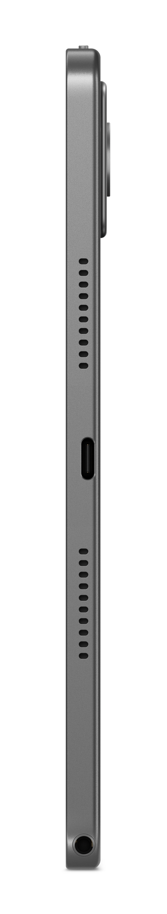 Widok z boku szarego urządzenia przypominającego tablet. Ma aparat, otwory wentylacyjne, port ładowania i głośnik. Czarne tło.