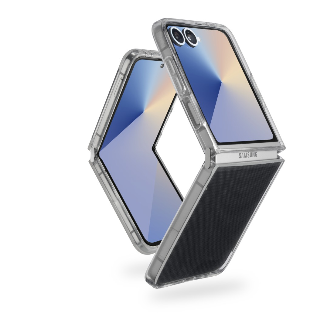 Zwei durchsichtige Handyhüllen, eine offen und eine teilweise offen, zeigen den Bildschirm des Telefons. Das Samsung-Logo ist sichtbar.