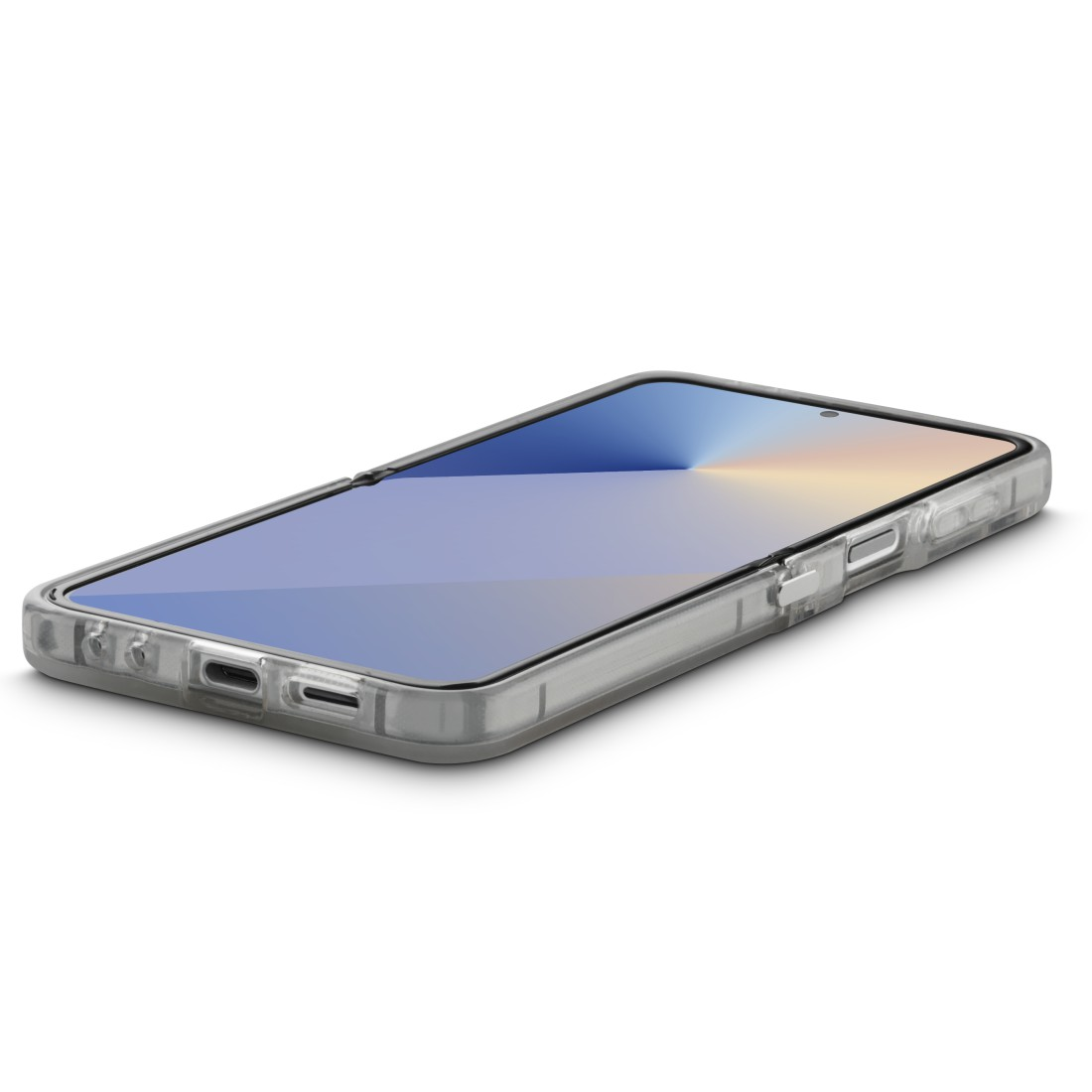 Ein Smartphone in einer durchsichtigen Schutzhülle liegt auf einer weißen Oberfläche. Der Bildschirm zeigt einen Blau-Gelb-Verlauf.