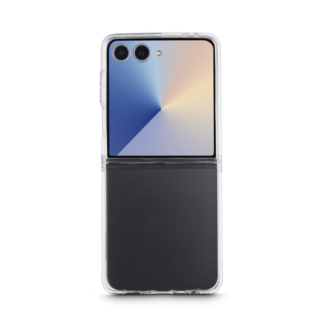 Ein faltbares Smartphone, geöffnet. Der obere Teil hat einen Bildschirm mit Farbverläufen. Der Boden ist dunkel mit strukturiertem Aussehen. Transparente Hülle.