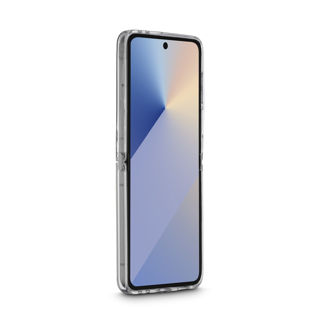 Eine transparente Handyhülle mit einem Falt-Handy. Der Bildschirm zeigt einen Farbverlauf von Blau nach Gelb vor weißem Hintergrund.