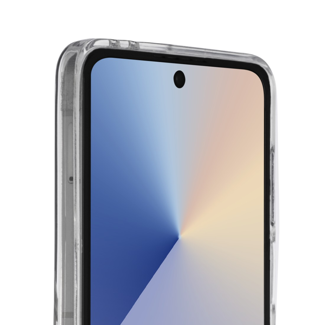 Nahaufnahme eines Smartphones mit einem Bildschirm, der einen Gradienten aus Blau und Beige zeigt. Oben ist ein schwarzer Punkt sichtbar.