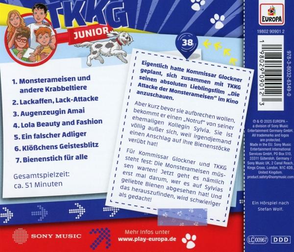Cover: TKKG Junior. Charaktere, Hund, Text und die Zahl 38. Text enthält Episodentitel und Informationen.