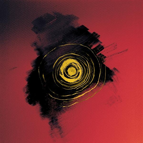 Abstrakte Kunst mit einer goldenen Spirale auf einem schwarzen Fleck vor rotem Hintergrund.