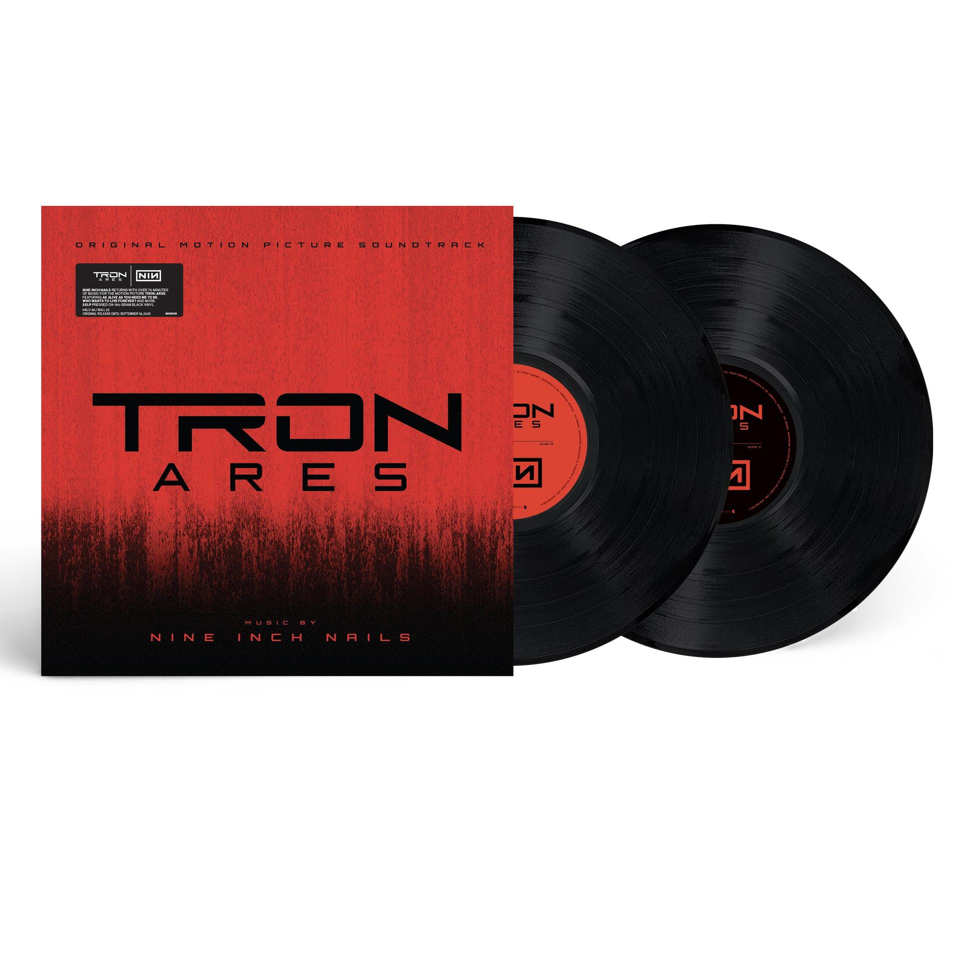 Albumcover für den Tron: Ares-Soundtrack von Nine Inch Nails. Roter Einband mit schwarzen Vinylplatten. Text enthält 'TRON ARES'.