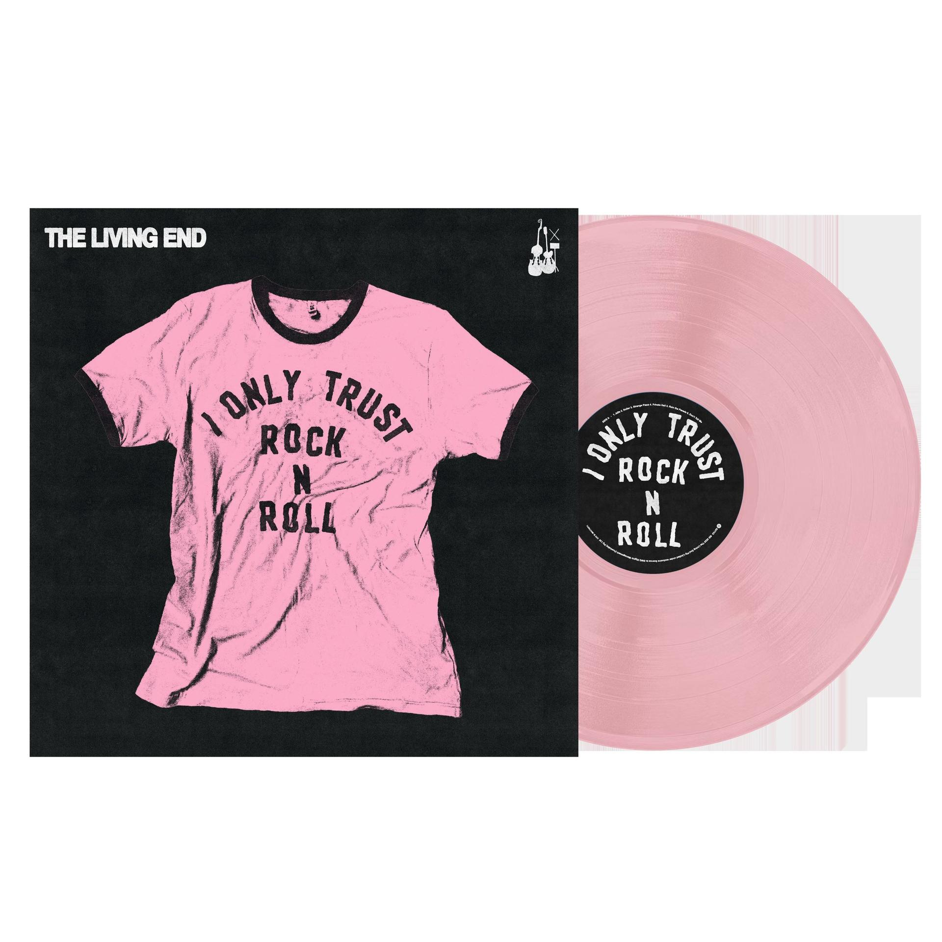 Rosa T-Shirt mit dem Text 'Only Trust Rock N Roll' und eine rosa Vinyl-Schallplatte. Das Logo von The Living End oben links.