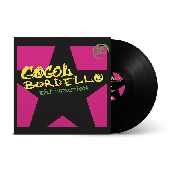 A Gogol Bordello 'East Infection' albumának borítója. Fekete háttér, rózsaszín csillag és sárga szöveg. A bakelit fekete.