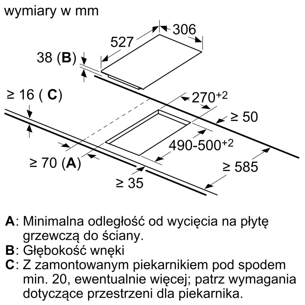 Schemat wymiarów w mm dla urządzenia kuchennego. Zawiera pomiary głębokości, szerokości i minimalnych odległości.
