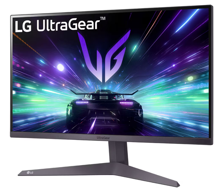 LG UltraGear monitör, renkli bir arka plan üzerinde bir yarış arabası görüntülüyor. Monitörün siyah çerçevesi ve standı var.