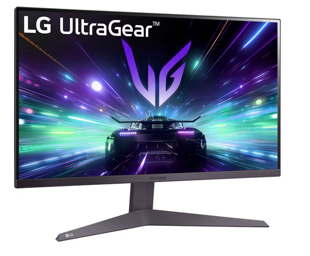 LG UltraGear monitör, renkli ve dinamik bir arka planda yarışan bir yarış arabasını gösteriyor. Monitör gri bir stand üzerinde duruyor.