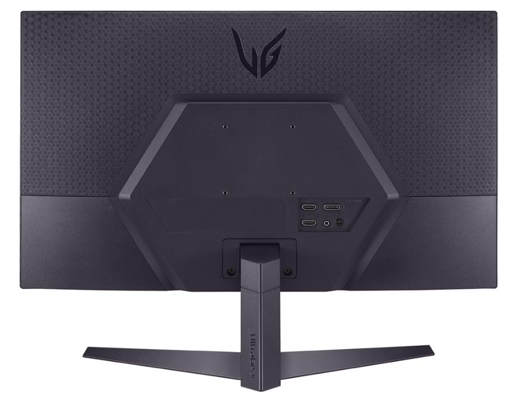 Siyah bir LG UltraGear monitörün arkası. Desenli üst kısım, bağlantı noktaları ve bir stand bulunur. LG logosu görünür.