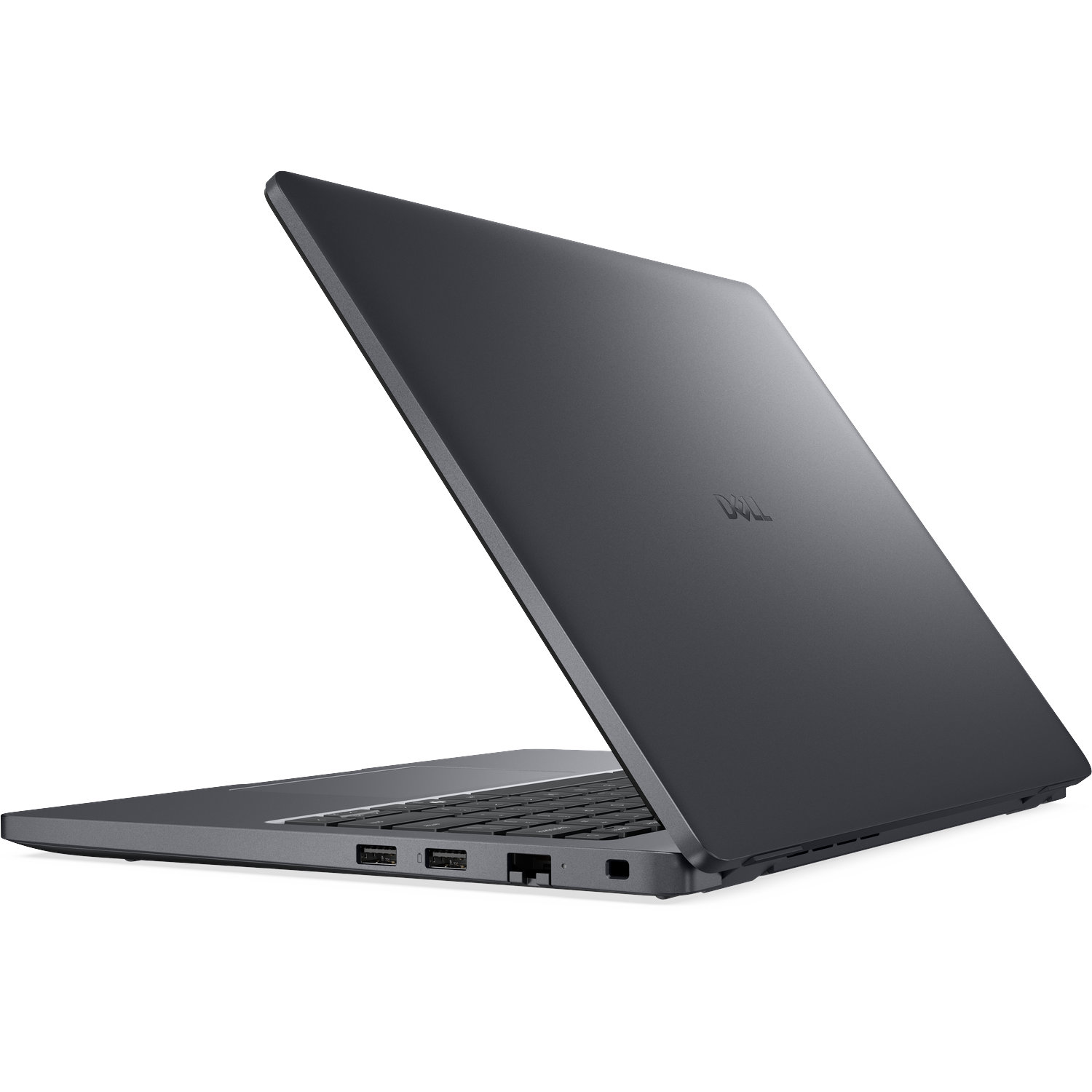 Ein dunkelgraues Dell-Laptop ist geöffnet und zeigt die Tastatur und Anschlüsse an der Seite.