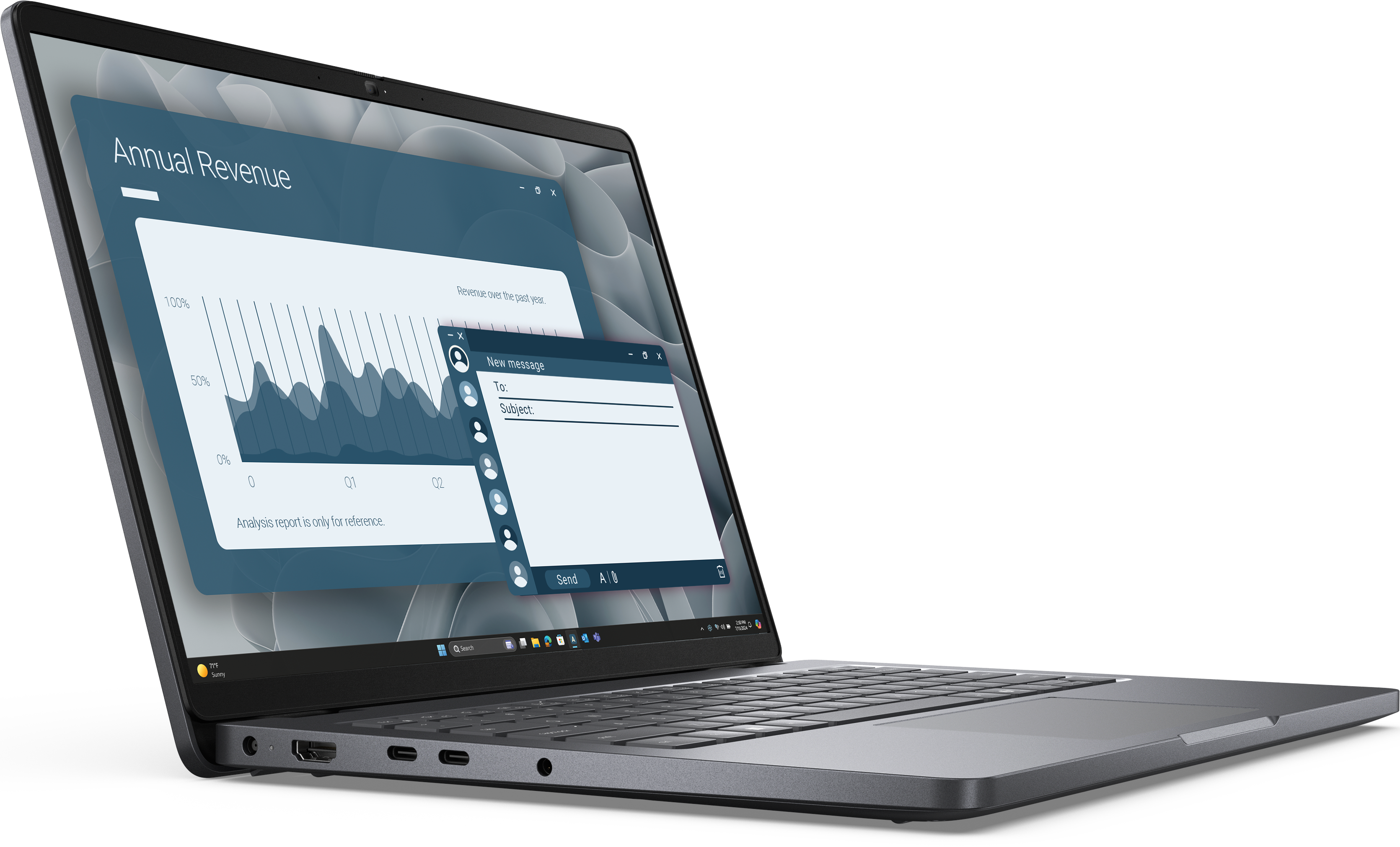 Ein Laptop zeigt ein Diagramm des Jahresumsatzes und ein Fenster für eine neue Nachricht. Schwarzer Hintergrund. Grauer Laptop mit schwarzem Bildschirm.