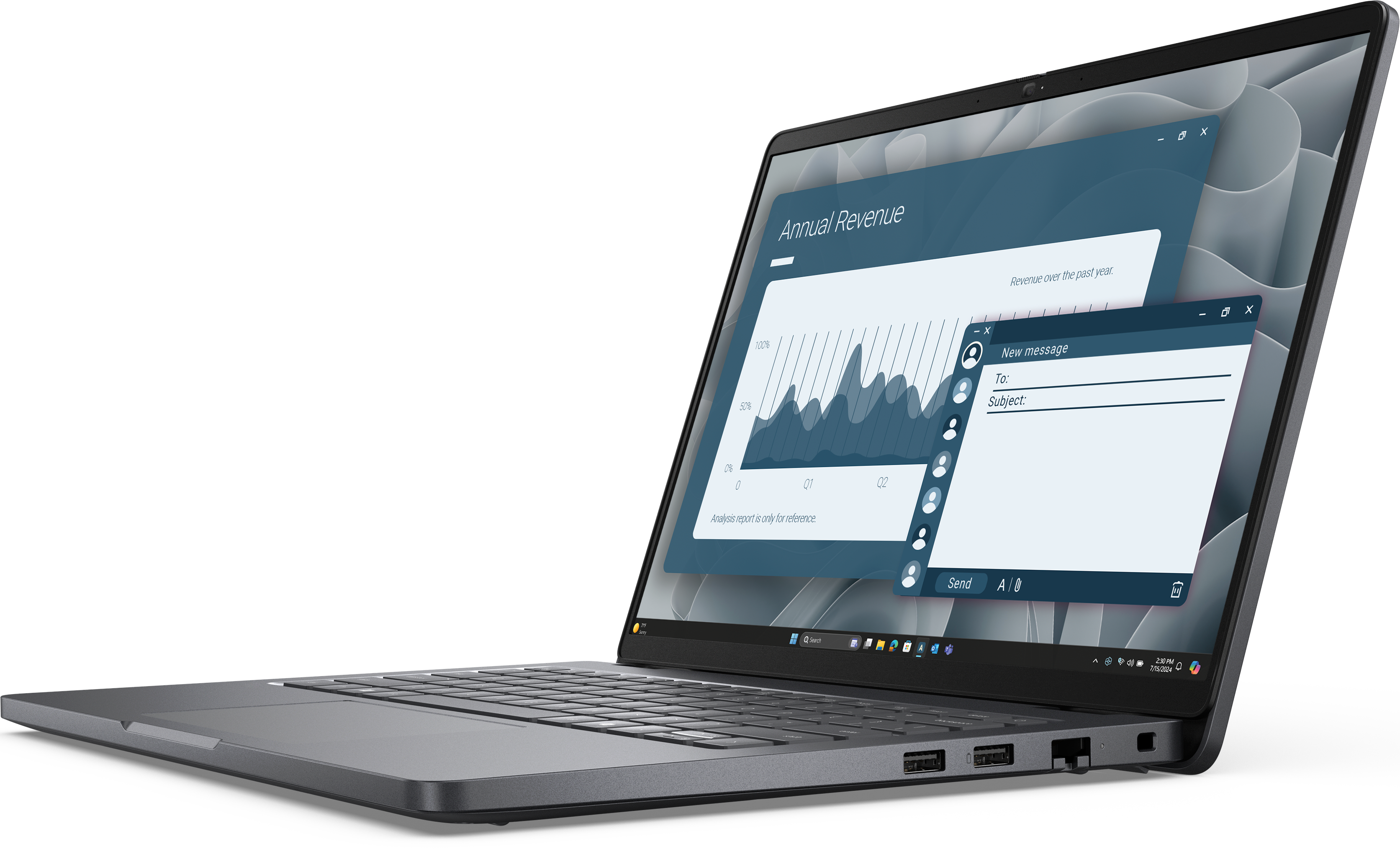 Laptop mit Finanzdaten und E-Mail-Fenster auf strukturiertem Hintergrund. Grauer Laptop auf schwarzem Hintergrund.