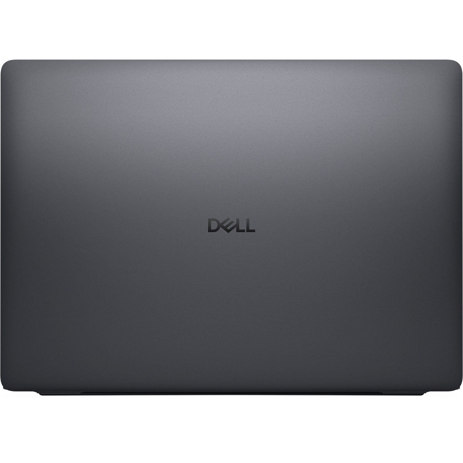 Der geschlossene Deckel eines dunkelgrauen Dell-Laptops mit dem silbernen Dell-Logo in der Mitte.