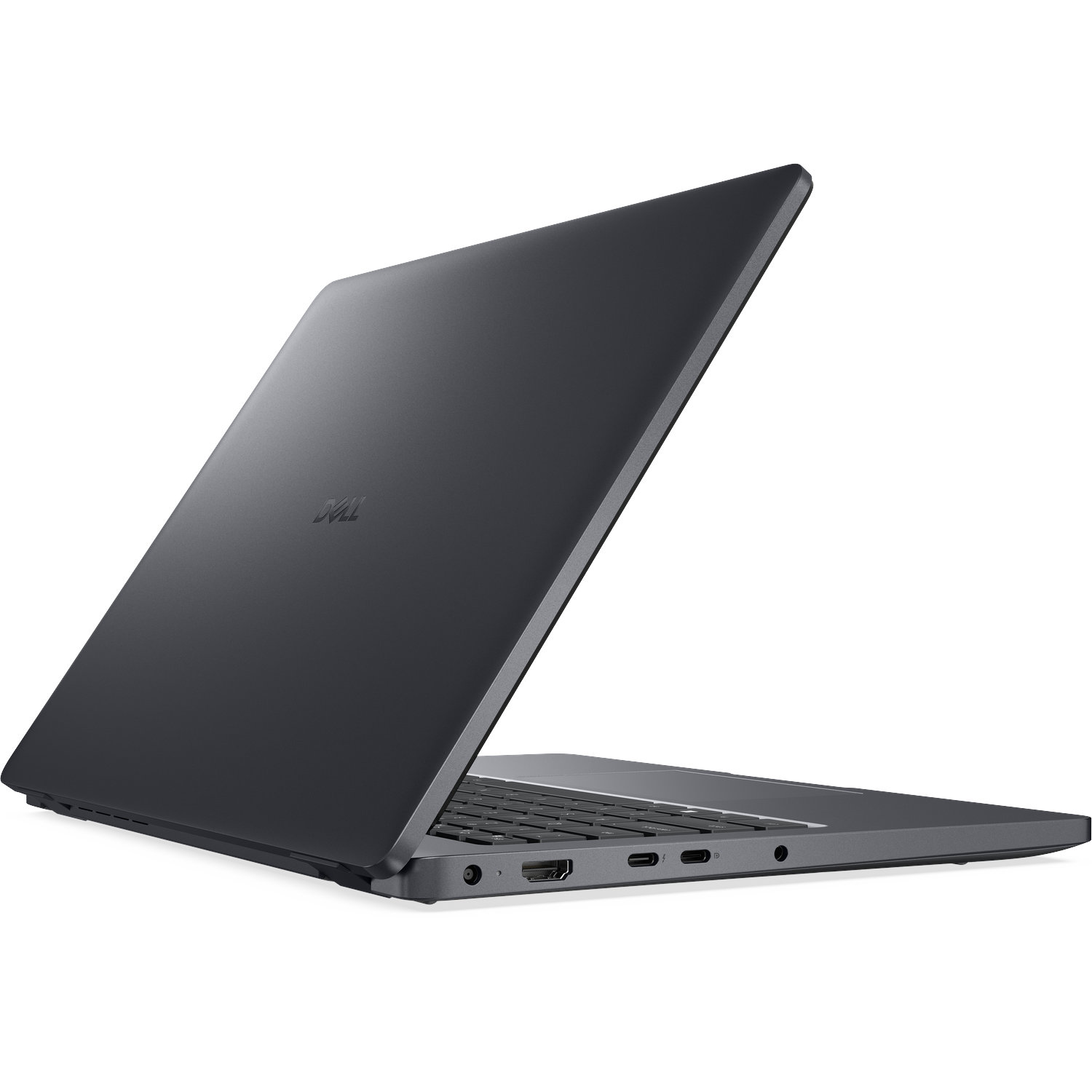 Ein dunkelgraues Dell-Laptop ist geöffnet und zeigt Anschlüsse an der Seite und einen Teil der Tastatur.
