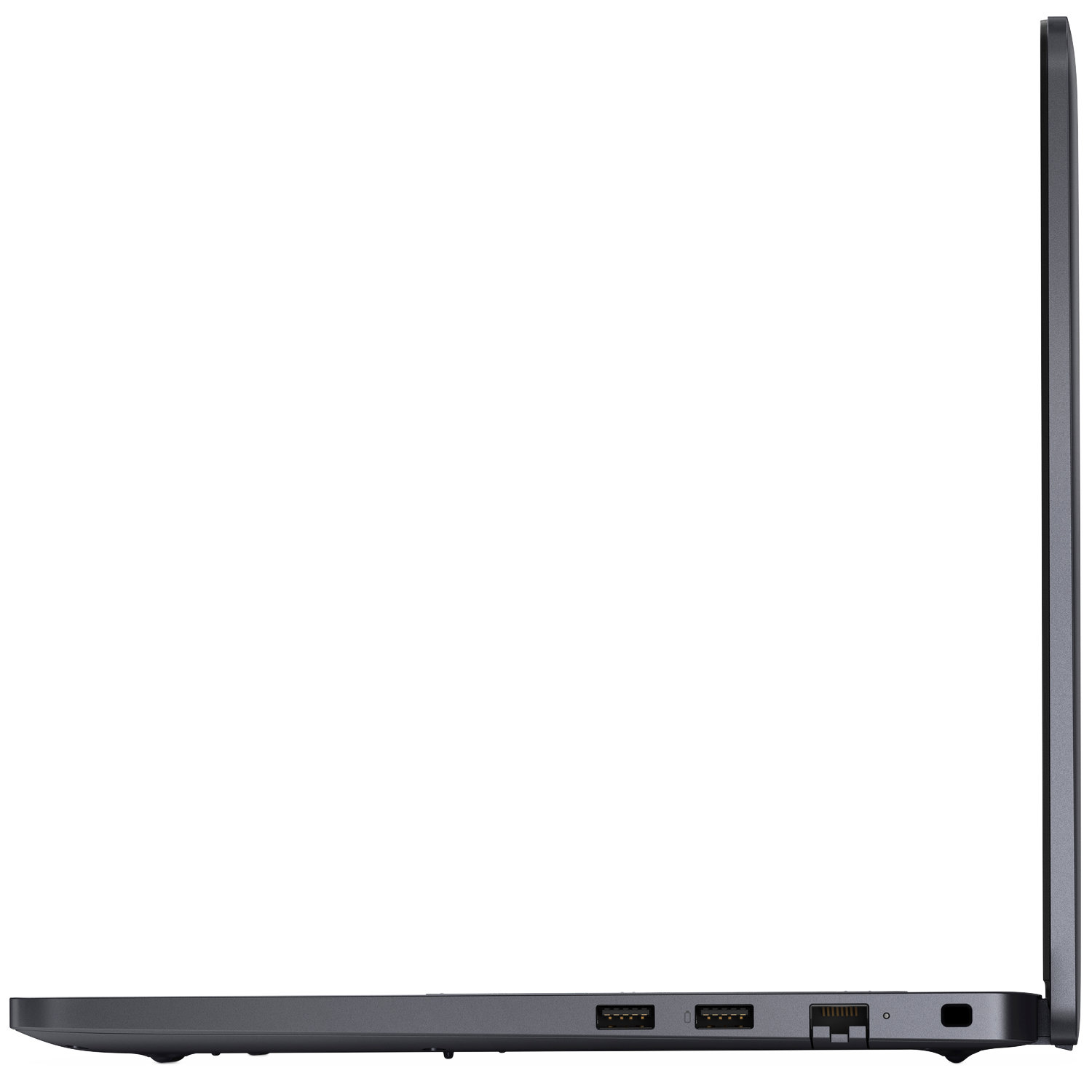 Seitenansicht eines geschlossenen dunkelgrauen Laptops mit Anschlüssen an der linken Seite.