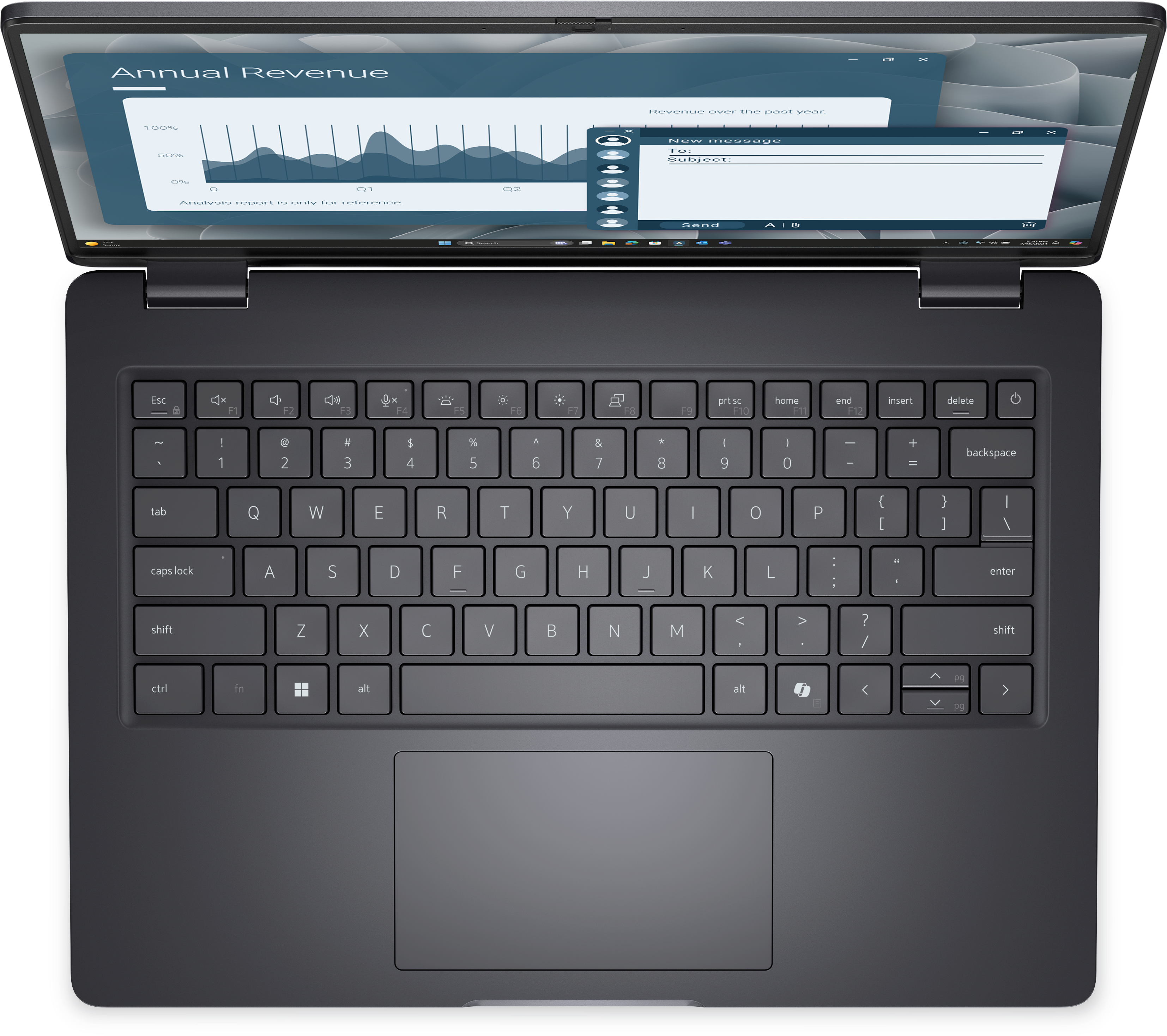 Laptop mit geöffneten Bildschirmen, die ein Diagramm und E-Mail zeigen. Tastatur sichtbar. Schwarzer Hintergrund.