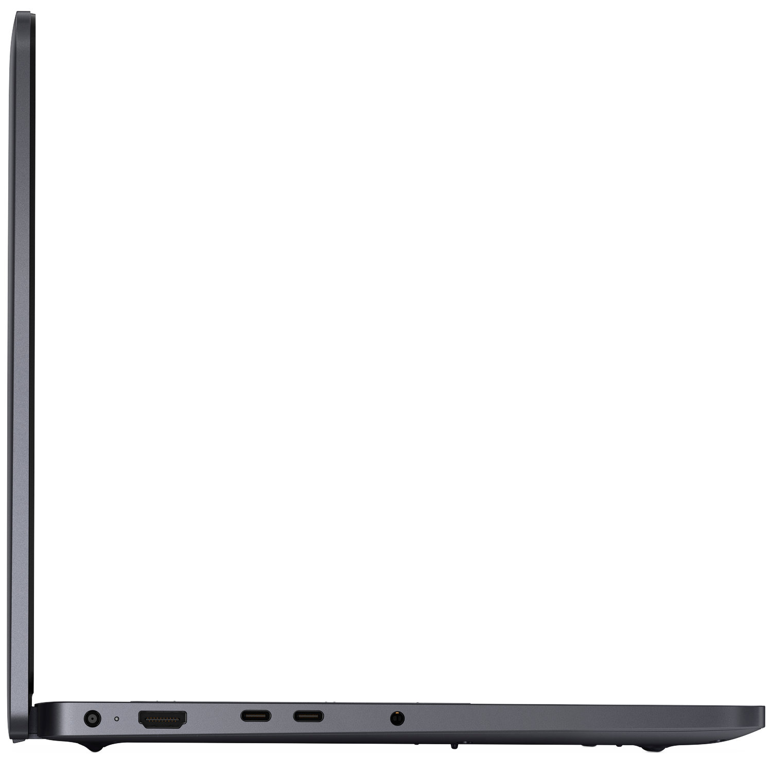 Seitenansicht eines dunkelgrauen Laptops mit Anschlüssen: Audiobuchse, HDMI, zwei USB-C.