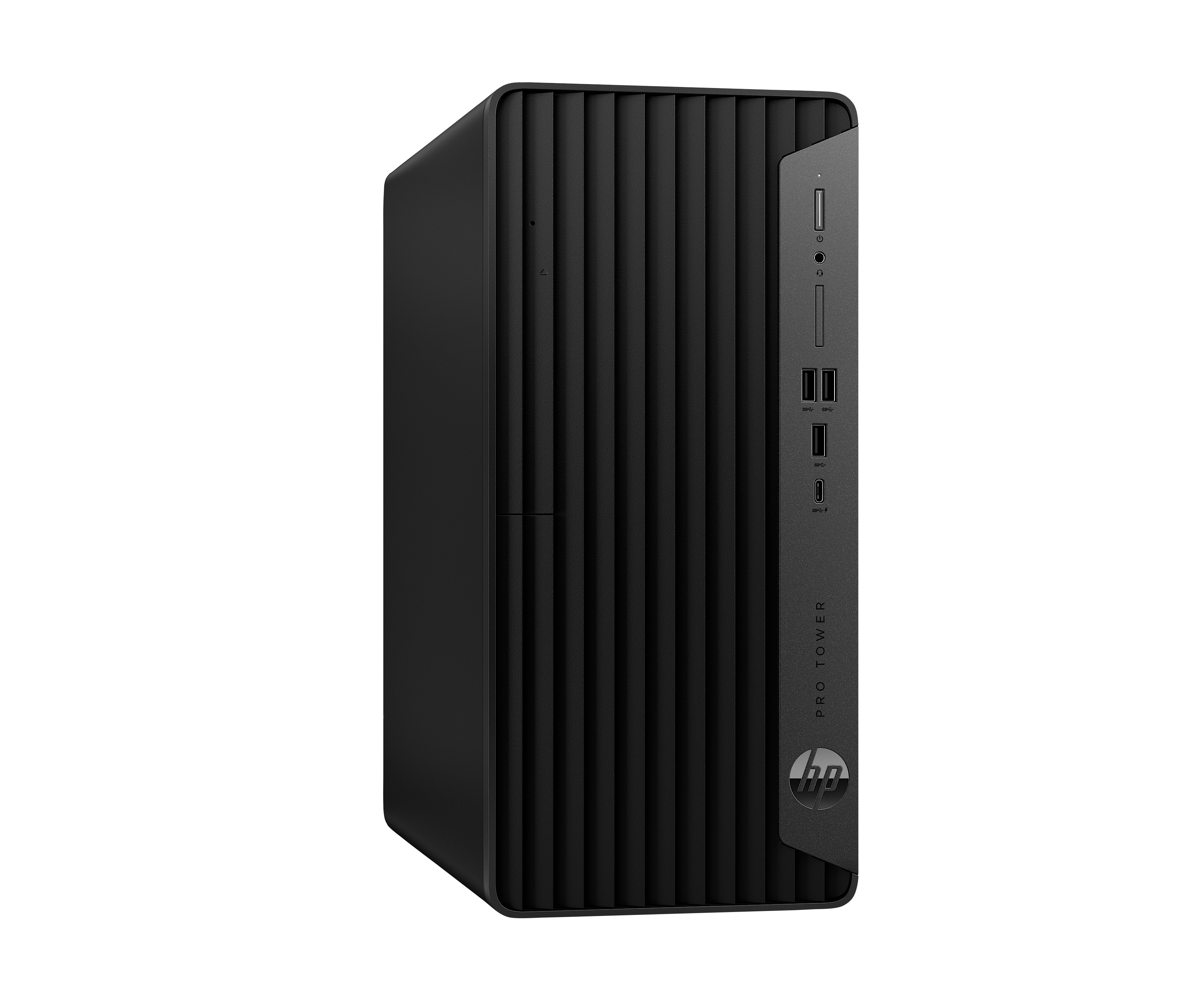 Ein schwarzer HP Pro Tower Desktop-Computer auf schwarzem Hintergrund. Es hat Anschlüsse vorne und ein HP-Logo.